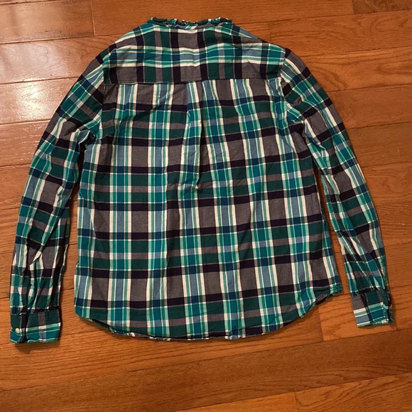Navy blue, green, white plaid GAP ruffle neck blouse shirt with buttons - Picture 8 of 8